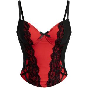 imageSHENHE Womens Bow Front Lace Trim Bustier Corset Top Spaghetti Strap Tank Camisole TopRed