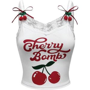 imageSHENHE Womens Lace Trim Cute Cherry Print Spaghetti Strap Kawaii Top Crop Cami TankWhite