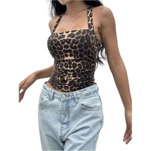 imageSHENHE Womens Leopard Print Velvet Top Y2K Ruched Tie Halter Strapless Cheetah Animal Crop TopsBrown