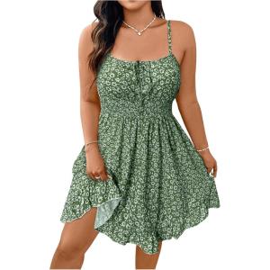 imageSHENHE Womens Plus Size Floral Cami Dress Smocked Waist Ruffle Flowy Short Summer Boho DressGreen