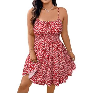 imageSHENHE Womens Plus Size Floral Cami Dress Smocked Waist Ruffle Flowy Short Summer Boho DressRed