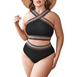 imageSHENHE Womens Plus Size High Waisted Bathing Suit Criss Cross Halter 2 Piece Boho SwimsuitsBlack