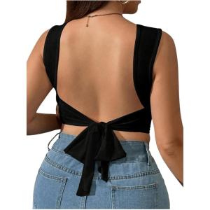 imageSHENHE Womens Plus Size Sexy Open Back Sleeveless Crop Tank Crew Neck Tie Backless Fitted TopsBlack