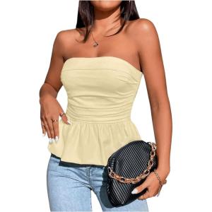 imageSHENHE Womens Ruched Ruffle Hem Flared Elegant Slim Fitted Tube Tank TopsApricot