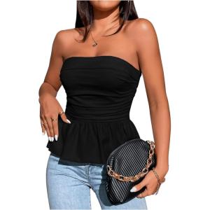 imageSHENHE Womens Ruched Ruffle Hem Flared Elegant Slim Fitted Tube Tank TopsBlack