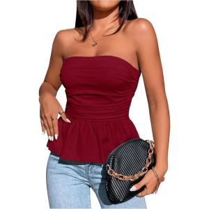 imageSHENHE Womens Ruched Ruffle Hem Flared Elegant Slim Fitted Tube Tank TopsBurgundy