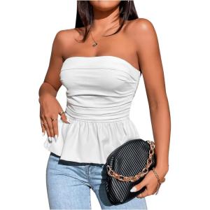 imageSHENHE Womens Ruched Ruffle Hem Flared Elegant Slim Fitted Tube Tank TopsWhite