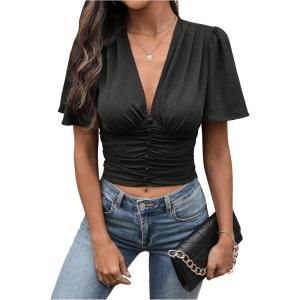 imageSHENHE Womens Sexy Ruffle Flutter Short Sleeve Deep V Smocked Button Front Dressy Crop Top BlouseBlack