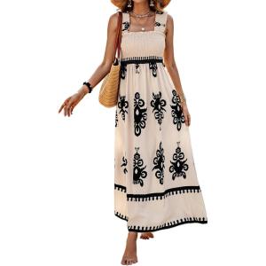 imageSHENHE Womens Smocked Sleeveless Flowy Tribal Print Summer Boho Vacation Maxi DressApricot