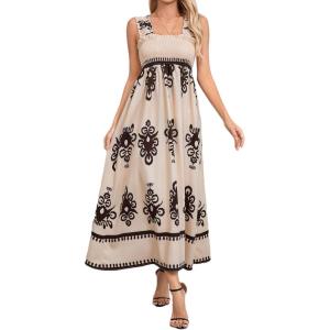 imageSHENHE Womens Smocked Sleeveless Flowy Tribal Print Summer Boho Vacation Maxi DressBlack and White