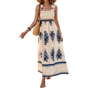 imageSHENHE Womens Smocked Sleeveless Flowy Tribal Print Summer Boho Vacation Maxi DressBlue