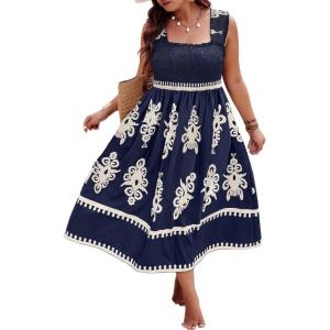 imageSHENHE Womens Smocked Sleeveless Flowy Tribal Print Summer Boho Vacation Maxi DressDeep Blue