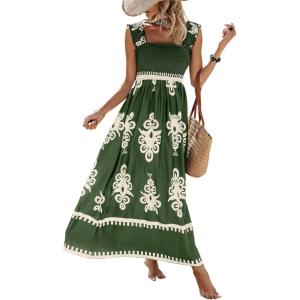imageSHENHE Womens Smocked Sleeveless Flowy Tribal Print Summer Boho Vacation Maxi DressGreen
