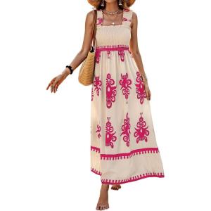imageSHENHE Womens Smocked Sleeveless Flowy Tribal Print Summer Boho Vacation Maxi DressHot Pink