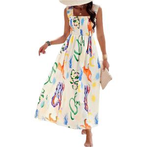 imageSHENHE Womens Smocked Sleeveless Flowy Tribal Print Summer Boho Vacation Maxi DressMulticolor