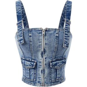 imageSHENHE Womens Zip Up Denim Top Adjustable Strap Sleeveless Jean Crop Top with PocketsDark Wash