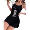 imageSHENHE Womens Floral Lettuce Trim Cami Nightdress Sleeveless Slip Nightgowns Heart Slogan Black M