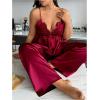 imageSHENHE Womens Plus Size Satin Pajamas 2 Piece Sleepwear Butterfly Lace Cami and Pants Pj SetBurgundy