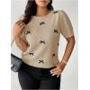 imageSHENHE Womens Plus Size Short Sleeve Bow Sweater Pullover Crew Neck Dressy Knit Top JumperKhaki