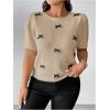 imageSHENHE Womens Plus Size Short Sleeve Bow Sweater Pullover Crew Neck Dressy Knit Top JumperKhaki
