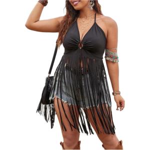 imageSHENHE Womens Plus Size Fringe Tops Halter O Ring Backless Crop Tops Boho Cowgirl Tassel TopBlack