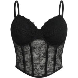imageSHENHE Womens Plus Size Lace Bustier Corset Top Spaghetti Strap Sexy Going Out Crop Top CamiBlack