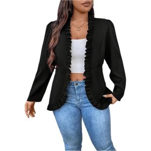 imageSHENHE Womens Plus Size Open Front Ruffle Trim Elegant Business Casual Office Blazer JacketBlack