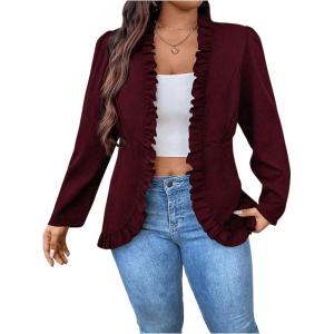 imageSHENHE Womens Plus Size Open Front Ruffle Trim Elegant Business Casual Office Blazer JacketBurgundy