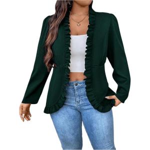 imageSHENHE Womens Plus Size Open Front Ruffle Trim Elegant Business Casual Office Blazer JacketDark Green