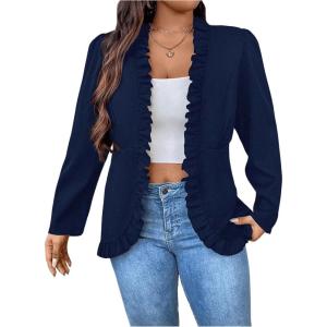 imageSHENHE Womens Plus Size Open Front Ruffle Trim Elegant Business Casual Office Blazer JacketDeep Blue