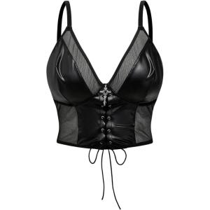 imageSHENHE Womens Plus Size PU Leather Lace Up Sheer Mesh Corset Bustier Sexy Goth Crop Top CamiBlack
