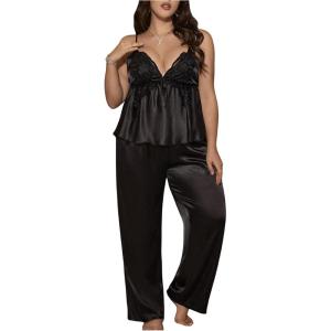 imageSHENHE Womens Plus Size Satin Pajamas 2 Piece Sleepwear Butterfly Lace Cami and Pants Pj SetBlack