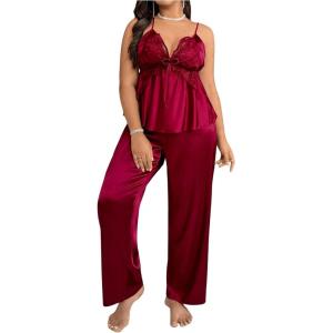 imageSHENHE Womens Plus Size Satin Pajamas 2 Piece Sleepwear Butterfly Lace Cami and Pants Pj SetBurgundy