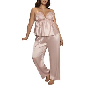 imageSHENHE Womens Plus Size Satin Pajamas 2 Piece Sleepwear Butterfly Lace Cami and Pants Pj SetPink