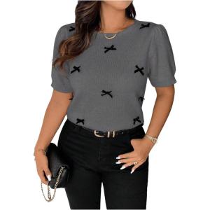 imageSHENHE Womens Plus Size Short Sleeve Bow Sweater Pullover Crew Neck Dressy Knit Top JumperDark Grey