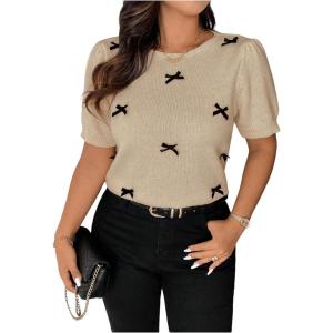 imageSHENHE Womens Plus Size Short Sleeve Bow Sweater Pullover Crew Neck Dressy Knit Top JumperKhaki