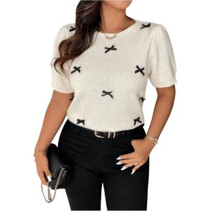 imageSHENHE Womens Plus Size Short Sleeve Bow Sweater Pullover Crew Neck Dressy Knit Top JumperWhite