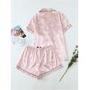 imageSHENHE Womens 2 Piece Satin Pajama Set Button Down Cute Heart Graphic Short Sleeve Shirts and ShortsLight Pink