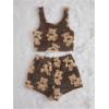 imageSHENHE Womens Fuzzy Pajamas Bear Print Puffy Tank and Shorts 2 Piece Cute Pajama SetMocha Brown