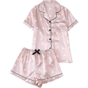 imageSHENHE Womens 2 Piece Satin Pajama Set Button Down Cute Heart Graphic Short Sleeve Shirts and ShortsLight Pink