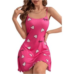 imageSHENHE Womens Cute Cow Print Sleeveless Nightgown Pajama Slip Dress Mini ChemiseHeart Print Hot Pink