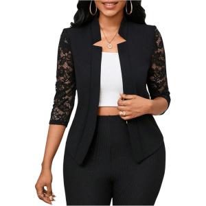 imageSHENHE Womens Floral Lace 34 Sleeve Open Front Work Office Notch Lapel Blazer JacketBlack