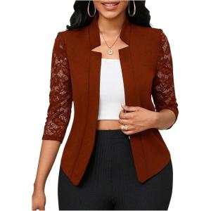 imageSHENHE Womens Floral Lace 34 Sleeve Open Front Work Office Notch Lapel Blazer JacketBrown