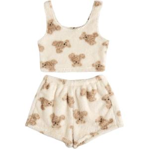 imageSHENHE Womens Fuzzy Pajamas Bear Print Puffy Tank and Shorts 2 Piece Cute Pajama SetBeige