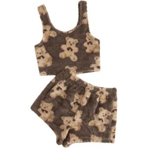 imageSHENHE Womens Fuzzy Pajamas Bear Print Puffy Tank and Shorts 2 Piece Cute Pajama SetMocha Brown