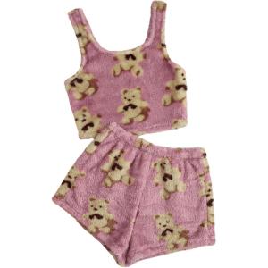 imageSHENHE Womens Fuzzy Pajamas Bear Print Puffy Tank and Shorts 2 Piece Cute Pajama SetPink