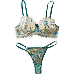 imageSHENHE Womens Mesh Lingerie 2 Set Piece Floral Embroidery Underwire Sheer Bra and Panty SetGreen