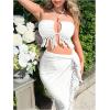 imageSHENHE Womens 2 Piece Fringe Outfits Halter Backless Crop Top and High Slit Skirt Set White Medium