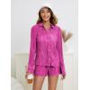 imageSHENHE Womens 2 Piece Sets Dressy Plisse Bell Sleeve Button Down Shirt and Short Set Going OutHot Pink
