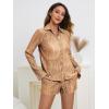 imageSHENHE Womens 2 Piece Sets Dressy Plisse Bell Sleeve Button Down Shirt and Short Set Going OutKhaki